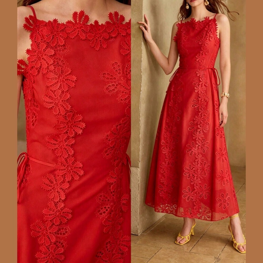 Red Floral Lace Applique Maxi Dress with Tie Waist - Picture 7 of 7